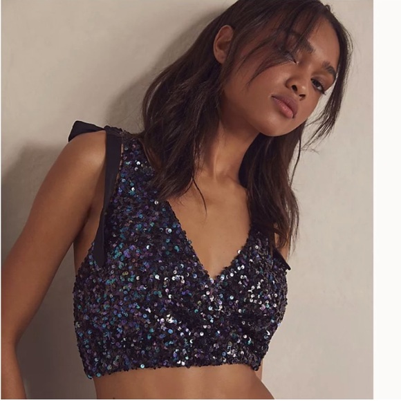 Free People Big Night Sequin Embellished Crop top bra in petrol - Picture 7 of 14